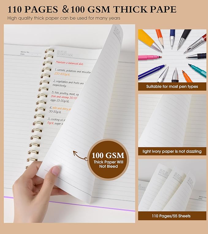 Spiral Notebook Journal 8.5” x 11”, A4 Large Notebooks for Women Men, College Ruled Lined Journal, 100 GSM Paper, Hardcover Spiral Bound Journals for Work School Writing Note Taking Business, Purple