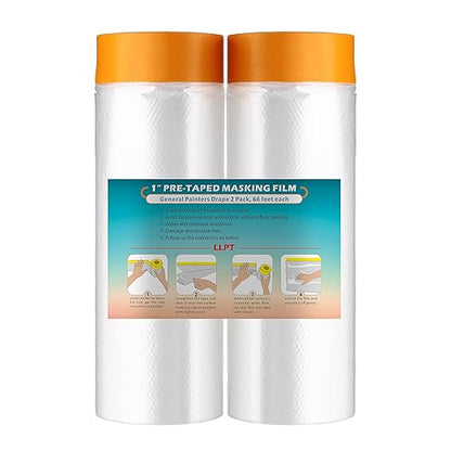LLPT Tape and Drape 59.1”(Unfolded) x 66 Ft Each 2 Pack Pre-Taped Masking Film 0.27 Mil Painters Plastic Drop Cloth for Auto Wall Furniture Painting Protection (MFT1502)