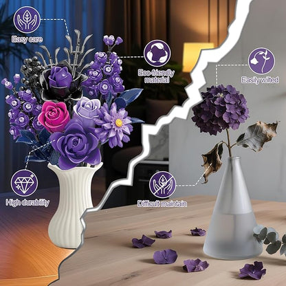 Gohero Purple Roses Building Blocks Set (822PCS) - Lego Compatible Flowers for Adults, Gothic Home Decor, for Women & Teen Girls, Making It an Ideal Gift for Halloween, Valentine's Day.