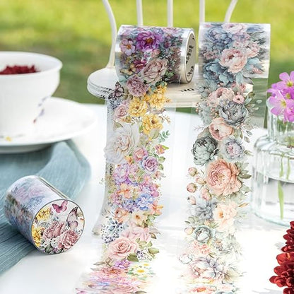 Flower PET Tape Stickers for Journaling,6 Rolls Transparent Floral Washi Tape for Scrapbook Supplies,Junk Journal,DIY Craft,Notebook,Diary(Flourishing Blossom)