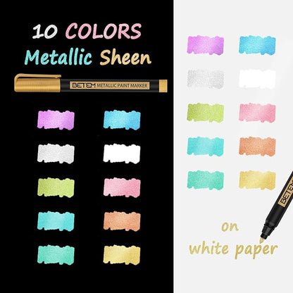 Betem Metallic Paint Markers, 10 Colors Acrylic Paint Metallic Markers for Black Paper, 2mm Medium Tips Glitter Pens Scrapbooking Supplies, Pumpkin Painting Kit for Rock Painting, Cards, Photo Albums