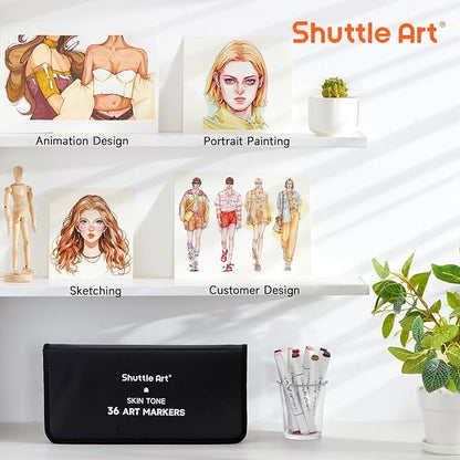 Shuttle Art 36 Colors Skin Tone&Hair Art Markers, Dual Tip Alcohol Based Marker Pen Set Contains 1 Blender 1 Carrying Case 1 Marker Pad Perfect for Kids & Adults Portrait,Comic, Anime, Manga