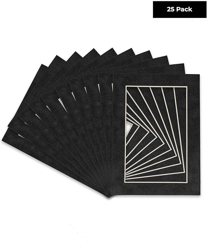Pack of 25 Acid Free 8x10 Mats Bevel Cut for 6x8 Photos - Dark Grey Suede Precut Matboards With Backing Boards and Clear Photo Mat Bags For Pictures, Photos, Framing - 4-ply Thickness