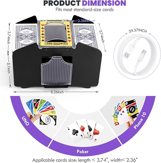 Card Shuffler 4 Deck Automatic, USB-Power & Battery-Operated Electric Shuffler Machine, Playing Card Shuffler for UNO,Poker,Home Card Games