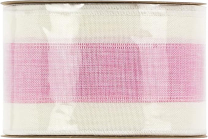 MEEDEE Pink White Stripe Wired Burlap Ribbon with Ivory Stripes Edge - 2.5 Inch, Light Pink (10 Yards) for Wreaths, Garland, Lantern, Mailbox Topper Bow