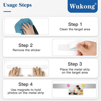 Wukong 4 Pack | 30x3cm(11.81 x 1.18) Magnetic Stainless Silver Boards Strips, Adhesive Backing Bulletin Bar Board, Memo Board with 16Pcs Colorful Magnets for Office, Home, Photo Wall, Document