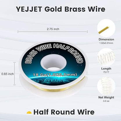18 Gauge Brass Wire Half Round 1.02x0.51mm - 3.0 oz 75 Feet Jewelry Making, DIY Craft Metal Wire