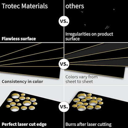 Trotec TroLase | 12"x12"x1/16, 8 Pcs | Gloss Black/Gold | 2 Ply | Modified Acrylic | Laser Engraving Double Color Plastic Sheet | Engraving Blanks for Laser, Saw, Guillotine | Made in USA