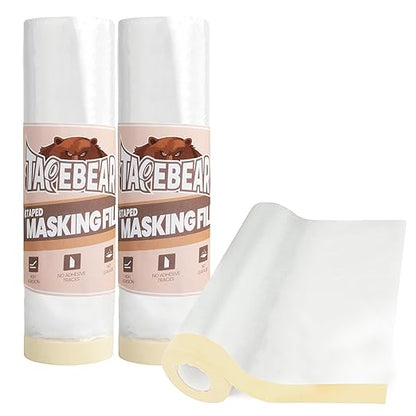 TAPEBEAR Pre-Taped Masking Film 9feet x 90feet(2600mmx 27m), Plastic Cover for Painting, Tape and Drape, Plastic Sheeting for Automotive, Floor, Appliance and Furniture, 3Rolls