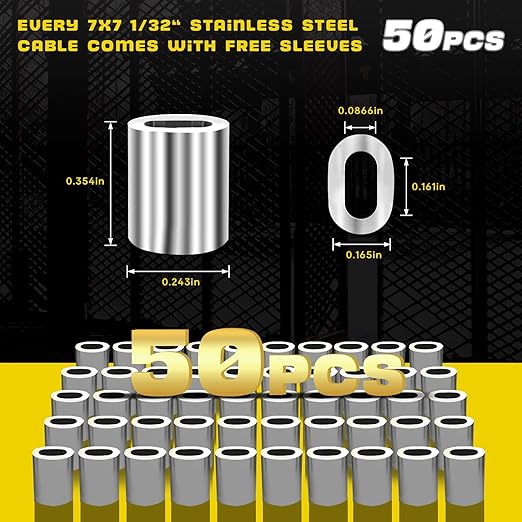 316 Stainless Steel Cable, 200FT 1/32IN Wire Rope 7 * 7 Strand with 50Pcs Aluminum Sleeves Stops, Guide Wire for Outdoor String Lights for String Lights Hanging, Clotheslines, Trellis (200FT)