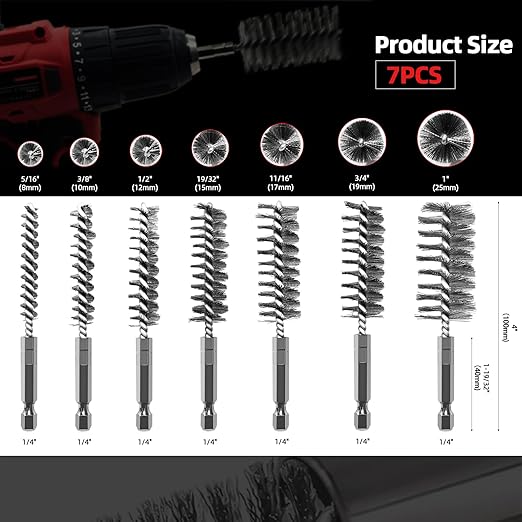 ASNOMY 7Pcs Wire Bore Brush for Drill,5/16"-1” Stainless Steel Copper Pipe Cleaner Set for Power Drill Cleaning,Abrasive Drill Wire Brush with 1/4" Hex Shank