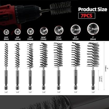 ASNOMY 7Pcs Wire Bore Brush for Drill,5/16"-1” Stainless Steel Copper Pipe Cleaner Set for Power Drill Cleaning,Abrasive Drill Wire Brush with 1/4" Hex Shank