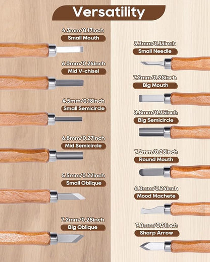 UCEC 12 Pack Linocut Wood Carving Tools Set Linoleum Hand Wood Carving Kit Whittling Knives V-chisel Angled Gouge Half Round Woodcarving Tools Set Whittling Kit for Linocut Printmaking Supplies Gift