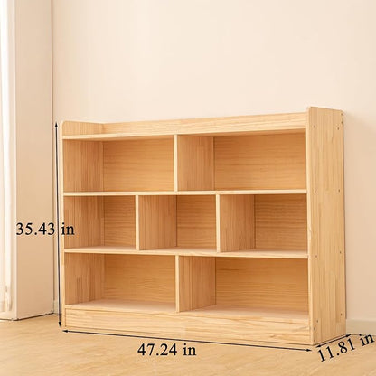 Wooden 7 Compartment Storage Cabinet Organizer Kids 3 Tier Wood Bookshelf School Storage Shelf Classroom Furniture for Kids Natural (47.24" L x 11.81" W x 35.43" H)