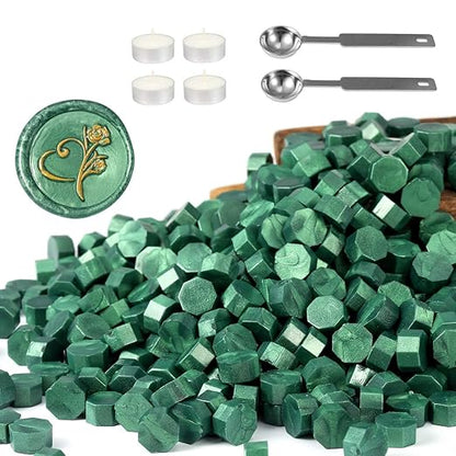 Yoption 360Pcs Metallic Green Sealing Wax Beads, Hexagon Wax Seal Beads with 4Pcs Tea Candles and 2 Melting Spoons for Wedding Invitations, Wine Packaging, Gift Wrap, Envelopes