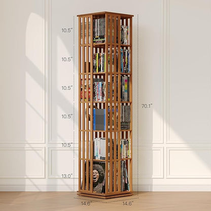 XIMN 360° Rotating Bamboo CD/DVD Shelf - 6-Tier Space-Saving Media Storage Cabinet for Movies, Organizer with Super Compact Design (Walnut, 6 Tier)