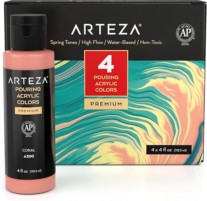 ARTEZA Acrylic Pouring Paint Set, 4 Spring Colors, 4 oz Bottles, High-Flow Paint, No Mixing Needed, Art Supplies for Canvas, Glass, Paper, Wood, Tile, and Stones, 16 Fl Oz (Pack of 1)