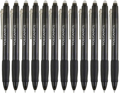 Volcanics Retractable Erasable Gel Pens Black 12 Pack, Click Erasable Gel Ink Pens for Smooth Writing & Easy Erasing, Refillable Erasable Click Pens for School Office Supplies