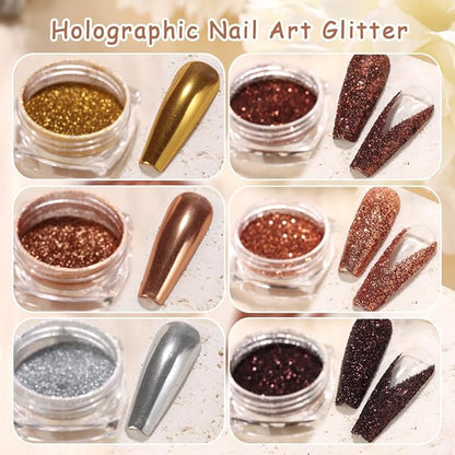 Chrome Nail Powder Metallic Mirror Effect Pigment Dust, Champagne Golden Ultra Fine Holographic Glitter Powder Reflective Pigment for DIY Gel Polish Nail Art, Resin Craft