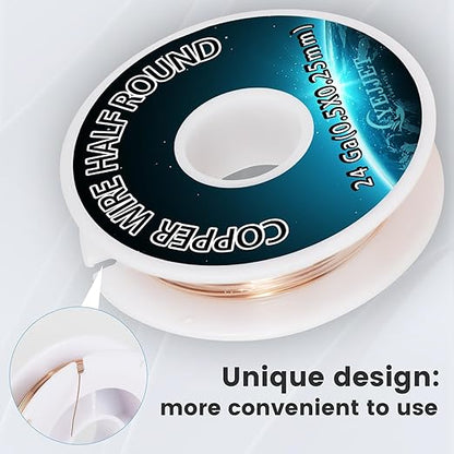 Ultra-Fine 24 Gauge Copper Wire Half Round 0.5x0.25mm - 1.3 oz (112 Feet) Precision Wire for Clockmaking & Electronics