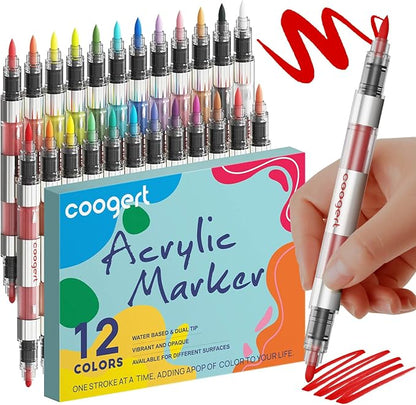 12 Automatic Ink Control Acrylic Paint Markers Dual Tip, No Bleed Brush Medium Tip Acrylic Paint Pens For Rock Painting, Wood, Fabric, Canvas, Glass, Plastic, Art Painting Supplies Kit