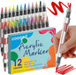 12 Automatic Ink Control Acrylic Paint Markers Dual Tip, No Bleed Brush Medium Tip Acrylic Paint Pens For Rock Painting, Wood, Fabric, Canvas, Glass, Plastic, Art Painting Supplies Kit