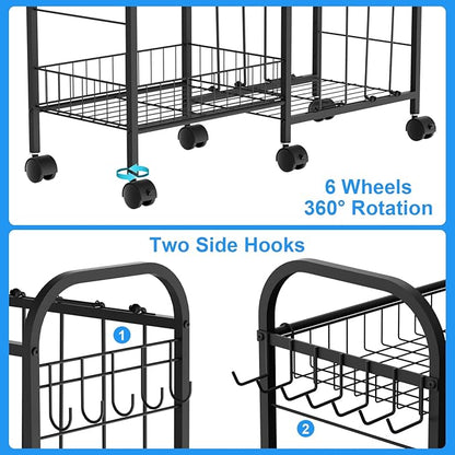 Ball Storage Rack, Sports Ball Storage Cart with 6 Wheels, Elastic Strap, Removable Basket, Hooks, Sports Equipment Organizer For Garage, Children's Room, Court, School, Small Gym, Outdoor