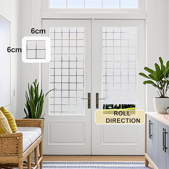 Window Privacy Film Decorative for Front Door, Bathroom Static Cling Stained Glass Sticker Opaque Heat Control UV Blocking Non-Adhesive for Home Windows,White Square