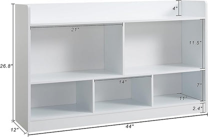 Kids Toy Storage Organizer, 5-Section Bookshelf for Organizing Books Toys, Wooden Storage Cabinet Daycare Furniture for School, Classroom Playroom, Nursery, Kindergarten (White)