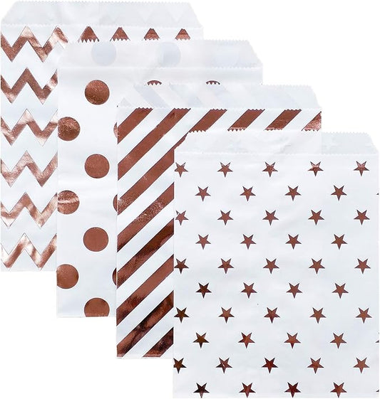 KEYYOOMY 100 Pcs Rose Gold Candy Buffet Bags Small Cookie Bag Polka Dot Paper Treat Bag for Wedding Birthday Party (5 inch x 7 inch)