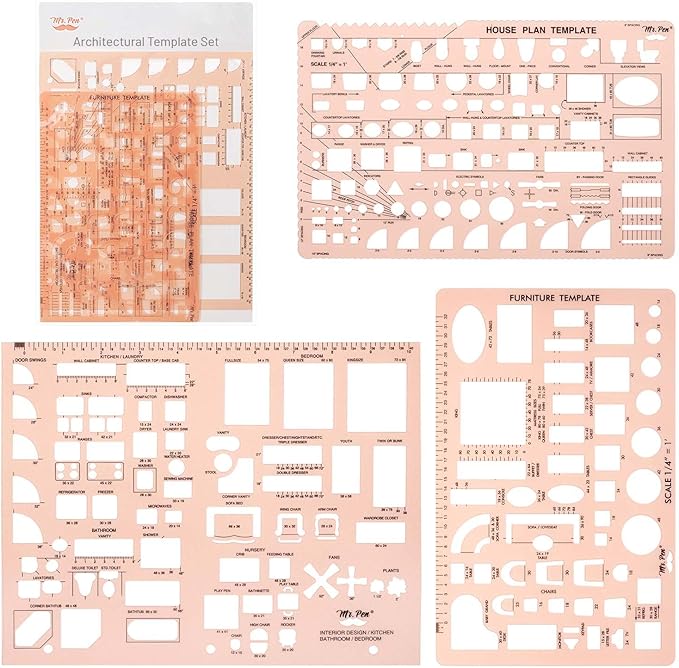 Mr. Pen- House Plan, Interior Design and Furniture Templates, Drafting Tools and Ruler Shapes for Architecture - Set of 3