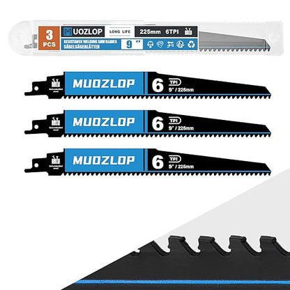 3 Pack 9 inch Reciprocating Saw Blades Set，6 TPI High Carbon Saw Blades for Wood with Nails ，Saw Blades with Organizer Case (3, 6T/9inch)