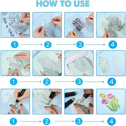 ORIGACH Tulip Layering Stencil Stamp and Die Set for Card Making, Flower Stencil Template Silicone Clear Stamps and Metal Die Sets for DIY Scrapbooking Photo Album Crafting