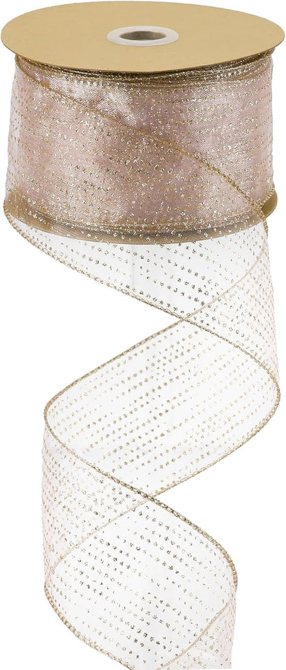 MEEDEE Rose Gold Sheer Glitter Wired Ribbon 2.5 Inch Horizontal Stripes Polka Dot Christmas Ribbon Organza Sheer Glitter 25 Yards for Christmas Tree, Wreath, Bow Making