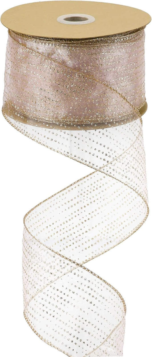 MEEDEE Rose Gold Sheer Glitter Wired Ribbon 2.5 Inch Horizontal Stripes Polka Dot Christmas Ribbon Organza Sheer Glitter 25 Yards for Christmas Tree, Wreath, Bow Making