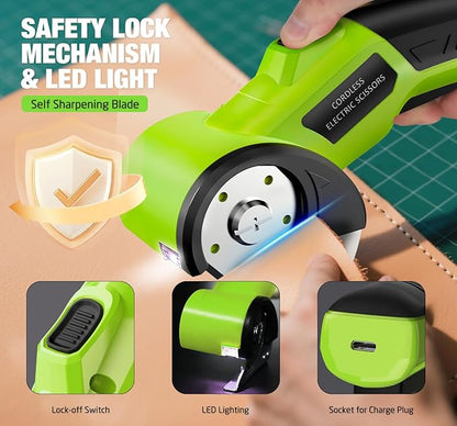 Cordless Electric Scissors：4V Rechargeable Cardboard Cutter, 3 Blades, Safety Lock & LED Light, Box Cutter for Carton Carpet Plastic Fabric Leather (Green)