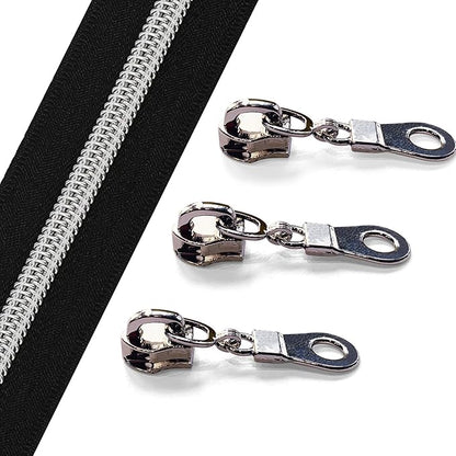 Sawoake 10 Yards Bulk #5 Nylon Coil Zipper With Silver Teeth, Black - Replacement for DIY Sewing Craft Bags With 10 Sliders (#5 Silver Black)