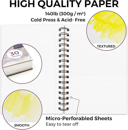 Funto Watercolor Pad 5.5x8.5, 30 Sheets, 140lb/300gsm, Double-Sided Cold Press, Spiral Bound, Heavyweight Paper for Watercolor Painting