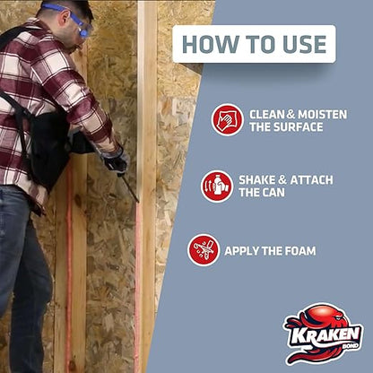 KRAKEN BOND Drywall & Panel Adhesive Foam - (12x24oz) Heavy-Duty, Fast-Curing Construction Adhesive for Concrete, Wood, and Heat Insulation Applications - 12 Pack