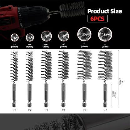ASNOMY 6Pcs Wire Bore Brush for Drill,1/2” 3/4” 1” Stainless Steel Copper Pipe Cleaner Set for Power Drill Cleaning,Abrasive Drill Wire Brush with 1/4" Hex Shank