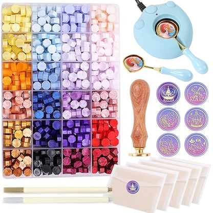 Wax Seal Kit with 24 Colors Wax Seal Beads 600pcs, 6PCS Wax Seal Stamps, Electric Sealing Wax Warmer, Envelopes and Wax Seal Metallic Pen for Gift and Decoration (Cartoon)