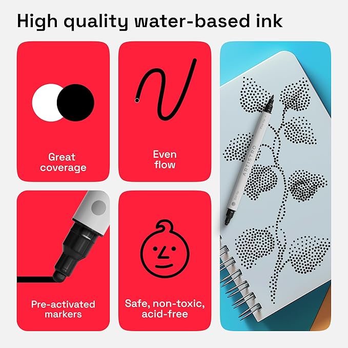 ARTISTRO 2 Black Dual-Tip Acrylic Paint Pens - Multisurface Markers for Glass, Rock, Fabric, Wood, Plastic & More - 5mm Dot + 1mm Fine Tips