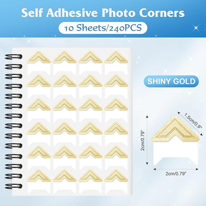 GOONAVI 10 Sheets 240 PCS Shiny Gold Acid-Free Photo Corners Notebook, Self-Adhesive Photo Corners for DIY Photo Album Journal, Photo Corner Stickers for Trip Journal Memory Book