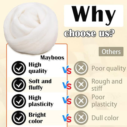 Mayboos Wool Roving Yarn, 1.76oz Colored Natural Wool Roving,Wool Felting Supplies Pure Wool Chunky Yarn for Wet Felting handcrafts and Spinning (Original White Color)
