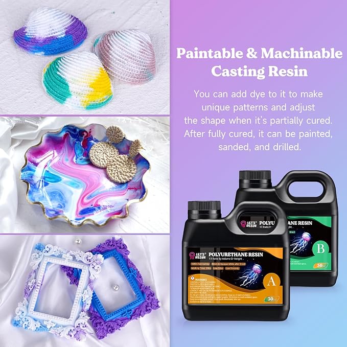 LET'S RESIN Polyurethane Resin, 60oz 2 Part Casting Resin, Fast Cured Resin within 10 Minutes, Ultra Low Viscosity & Low Odor Pourable Liquid Plastic for Casting Models, Prototypes & Other Resin Craft