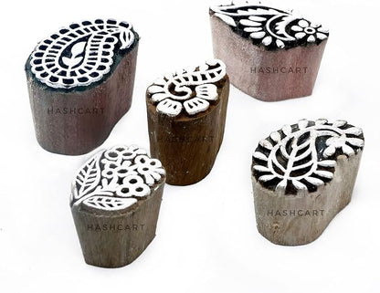 HASHCART® Paisley Shapes Wooden Printing Stamps for Block Print, Handcarved Indian Textile Printing Blocks for Tattoo Saree Border Scrapbooking Kids Paper Clay, Pottery Stamps [ Set of 5 ]