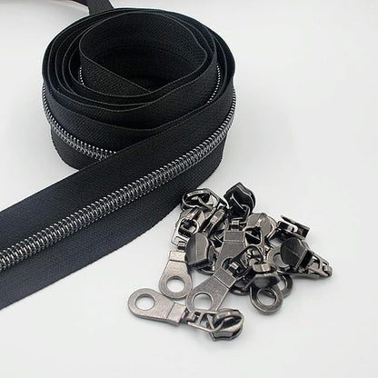Leekayer #5 Black Nickel Metallic Nylon Coil Teeth Zippers by The Yard Bulk 10 Yards Zipper Tape with 25pcs Black Nickel Sliders for DIY Sewing Tailor Craft Bag(Black)