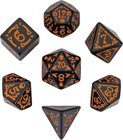 7-Die DND Dice Set Halloween Pattern Polyhedral Dice Set with Leather Bag, Skull Dice D&D Dice Set for RPG Table Games (Halloween Pattern-Black)