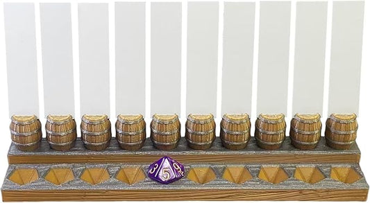 Initiative Tracker with 10 Barrel Slots, Erasable Name Tags, and Dice for Tracking Order. Ideal for DND and Other TTRPGs Brown with Silver