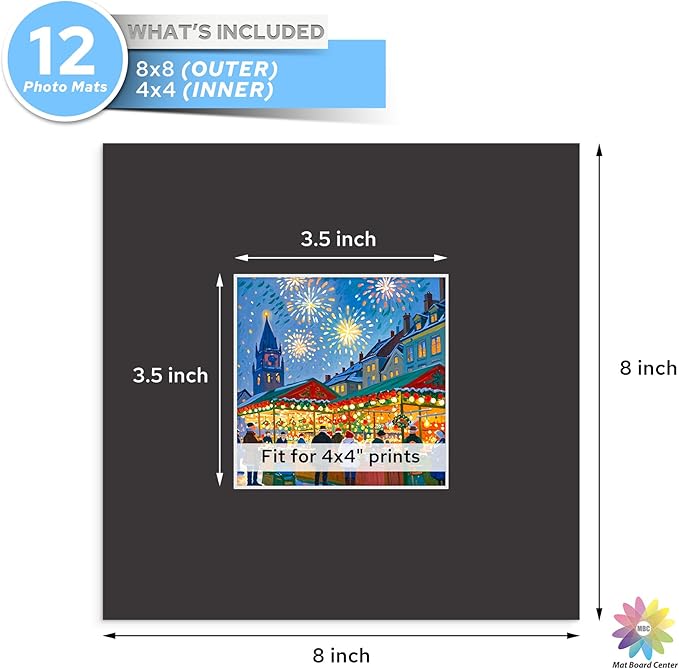 Mat Board Center, 8X8 Black Mats for 4X4 Pictures - Acid Free, 4-Ply Thickness, White Core, Bevel Cut - for Artworks, Photos, Framing - Pack of 12